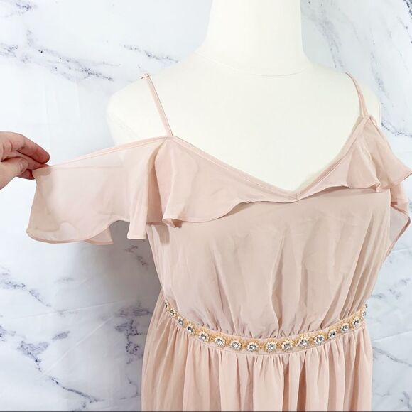ASOS Peach Nude Off Shoulder Flowy Dress 14 - Picture 3 of 9
